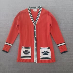 Vintage 60s 70s Cardigan Sweater Womens M Orange Varsity Thunderbird Grunge